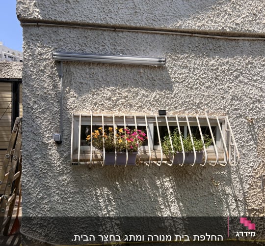 קיר חיצוני עם חלון וסורגים, עציצים ופרחים